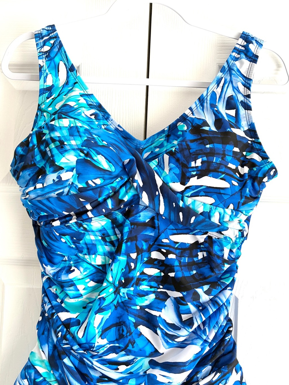 Ceeb Swim Dress 14 Blue Tropical One Piece Swimsuit Ruched Tummy Control Coastal - Picture 4 of 14
